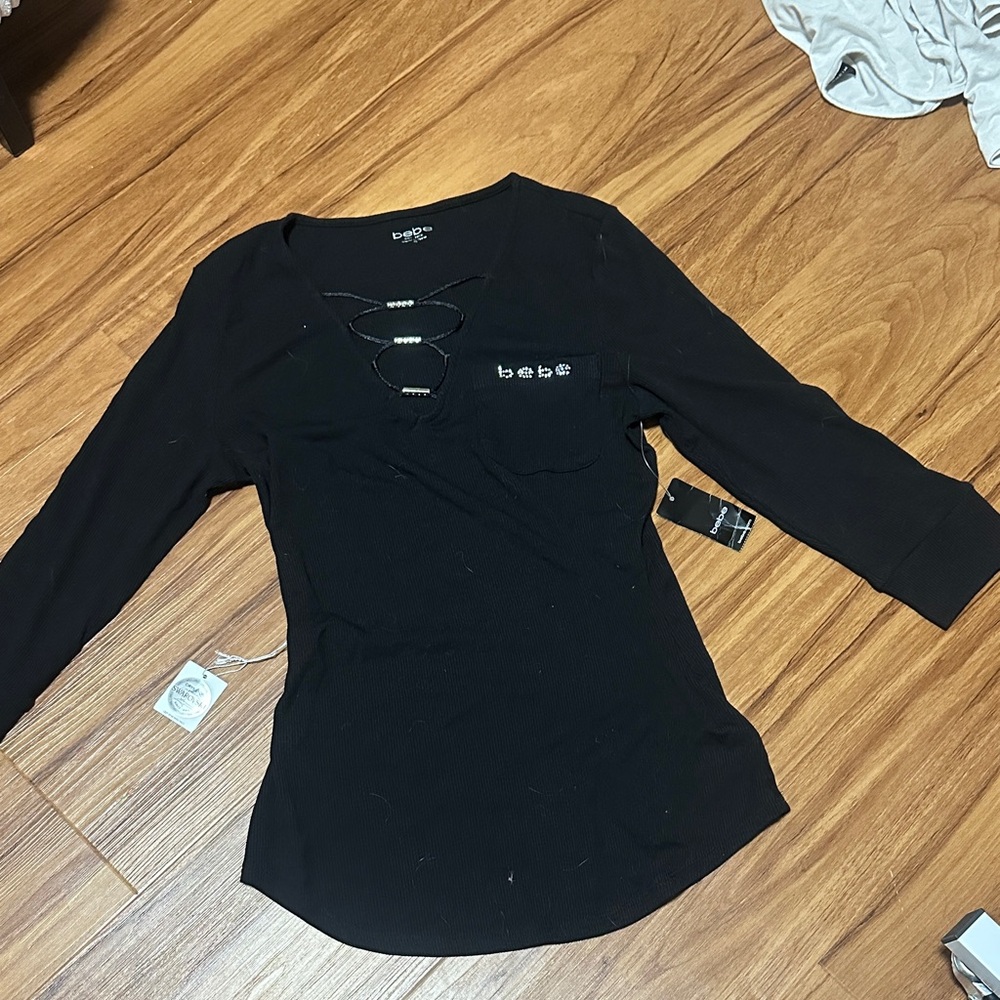 Bebe Black Long Sleeve Lace-Up Top
